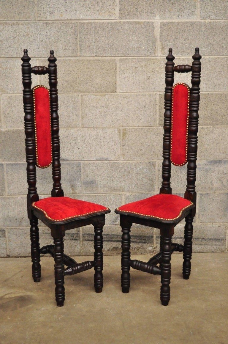 Six Vintage Spanish Jacobean Hall Prayer Chairs Red Renaissance Revival