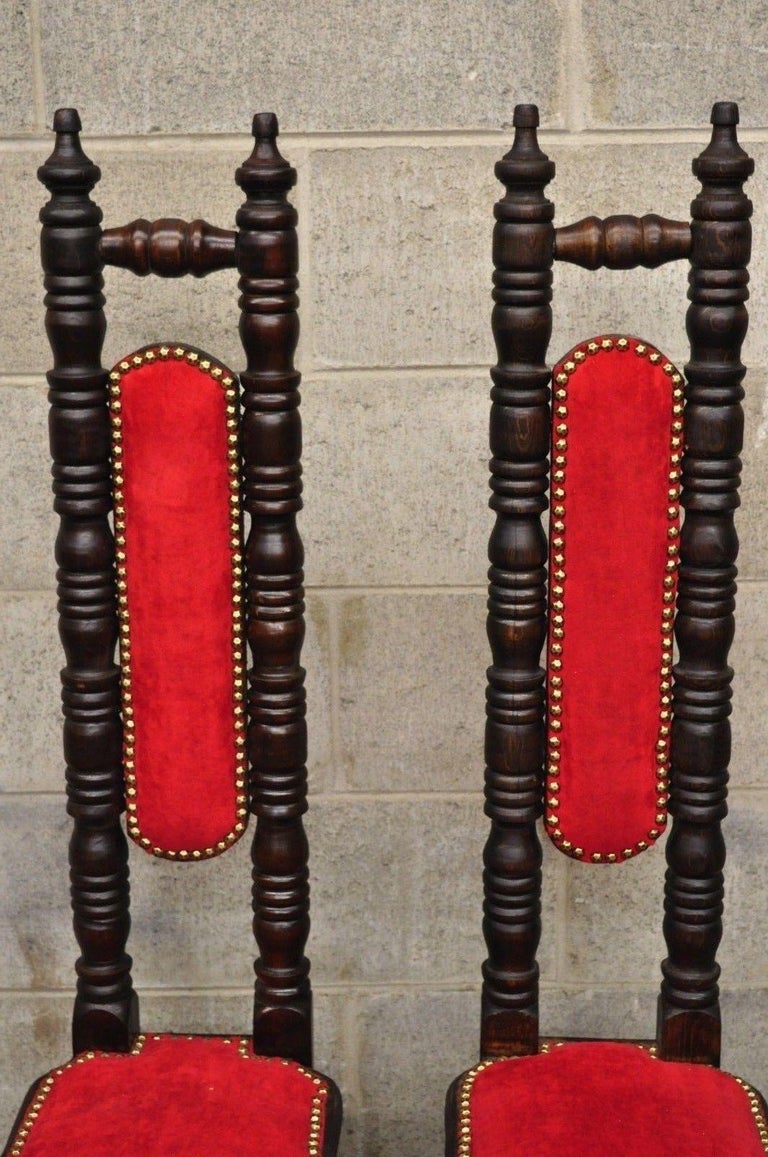 Six Vintage Spanish Jacobean Hall Prayer Chairs Red Renaissance Revival