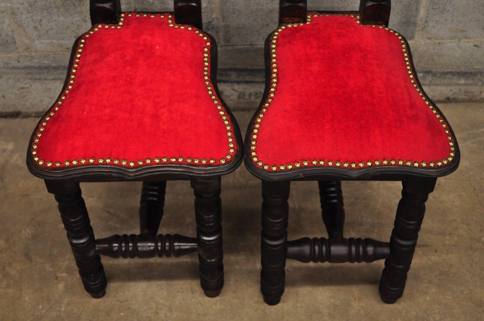Mexican Six Vintage Spanish Jacobean Hall Prayer Chairs Red Renaissance Revival Gothic