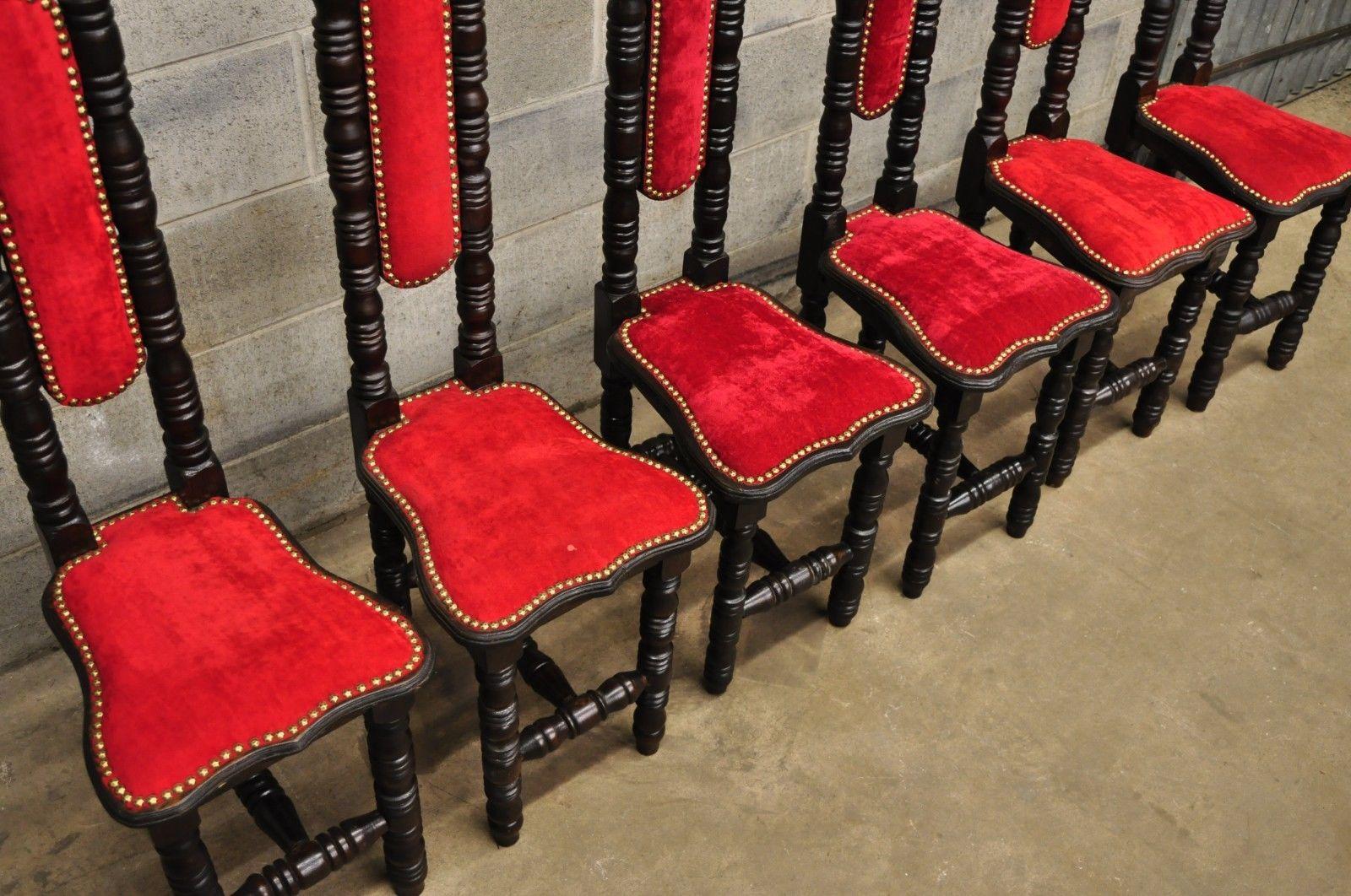 Six Vintage Spanish Jacobean Hall Prayer Chairs Red Renaissance Revival Gothic In Good Condition In Philadelphia, PA