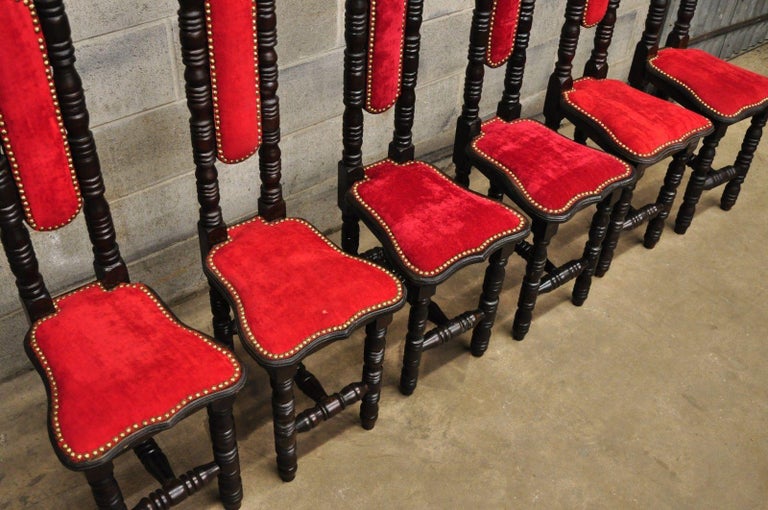 Six Vintage Spanish Jacobean Hall Prayer Chairs Red Renaissance Revival