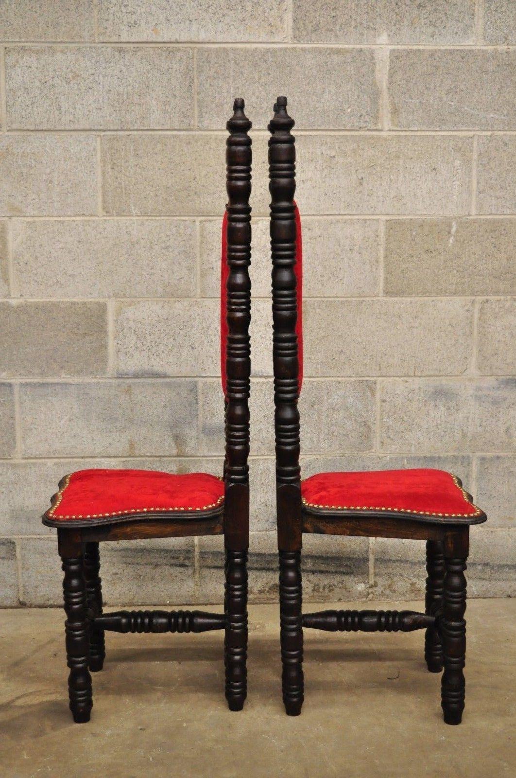 Late 20th Century Six Vintage Spanish Jacobean Hall Prayer Chairs Red Renaissance Revival Gothic