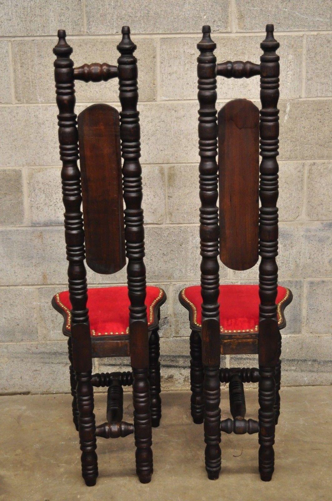 Velvet Six Vintage Spanish Jacobean Hall Prayer Chairs Red Renaissance Revival Gothic