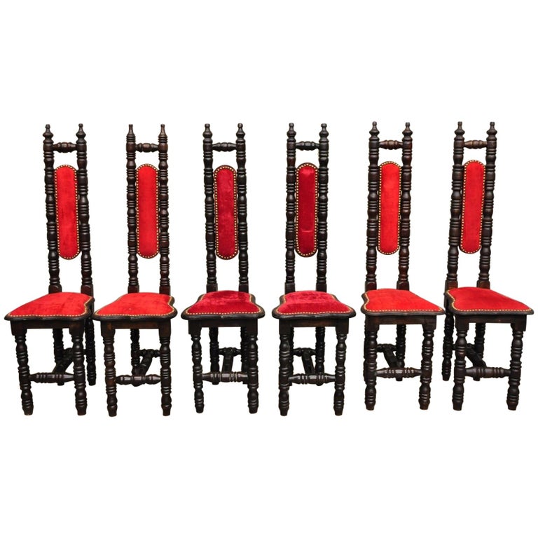 Six Vintage Spanish Jacobean Hall Prayer Chairs Red Renaissance Revival