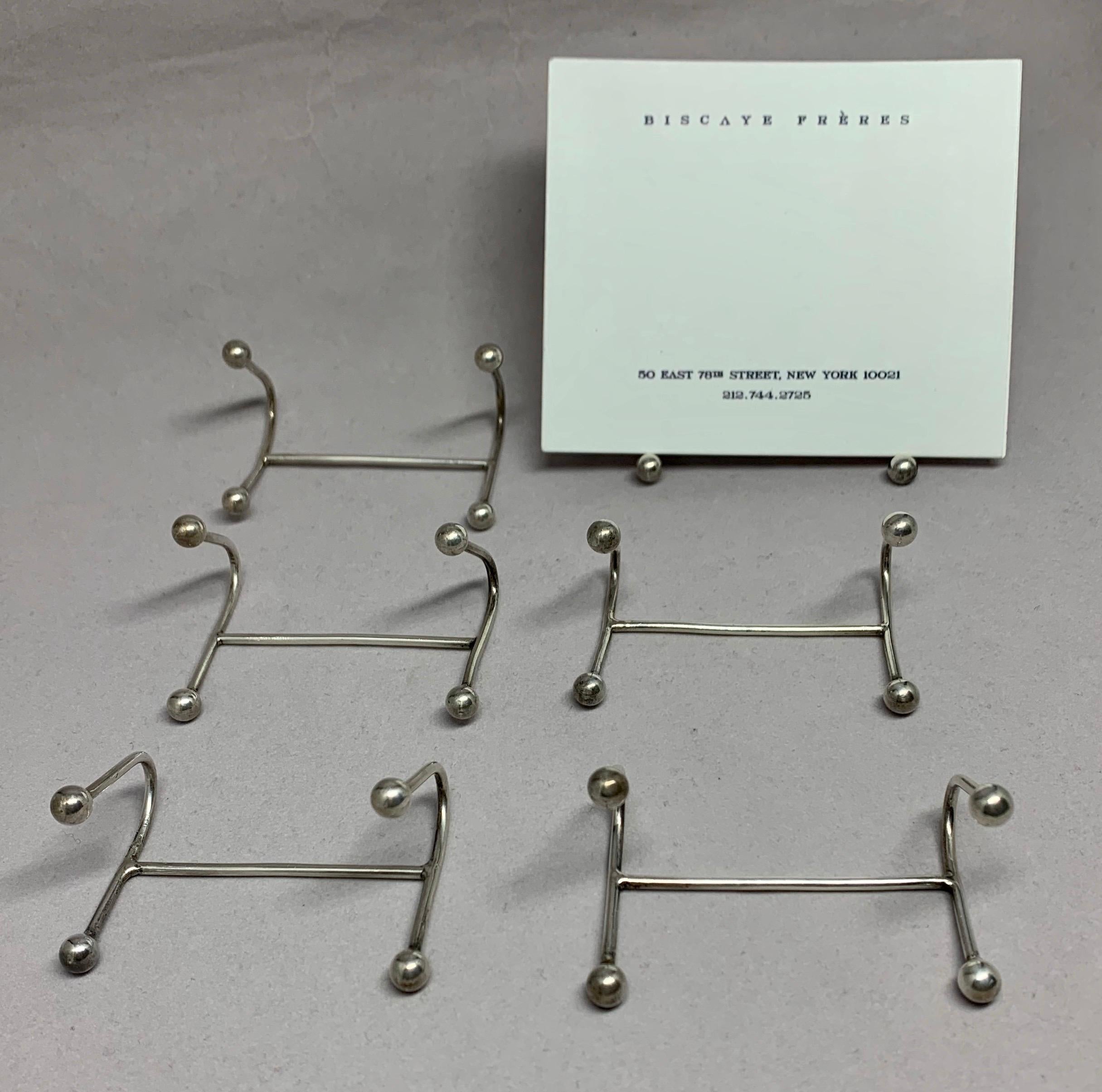 Six vintage sterling silver place card holders. Set of six midcentury silver place card holders in simple modern form with ball terminals; stamped 