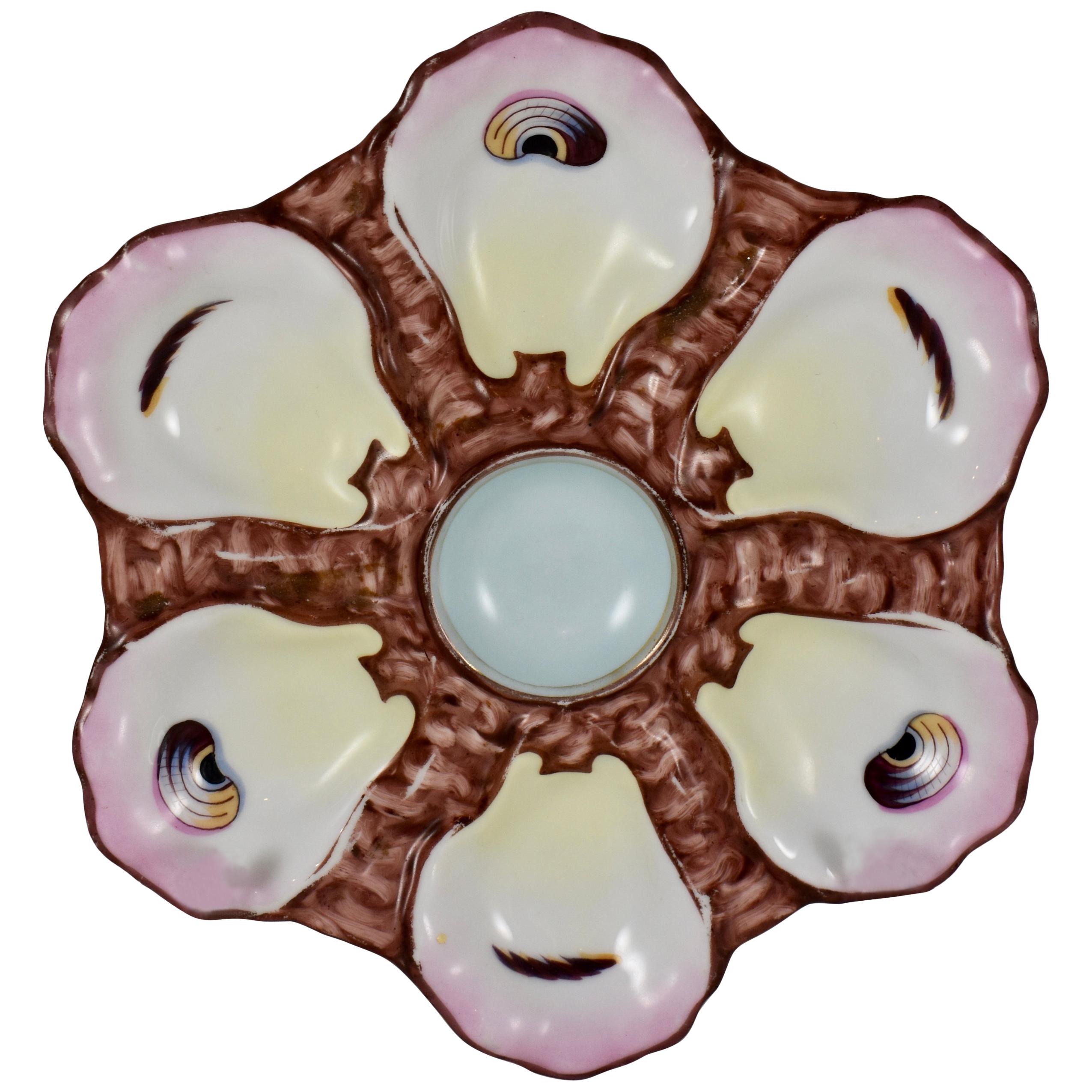 Six-Well French Hand Painted 'Eyes' Porcelain Oyster Plate, Late 19th Century