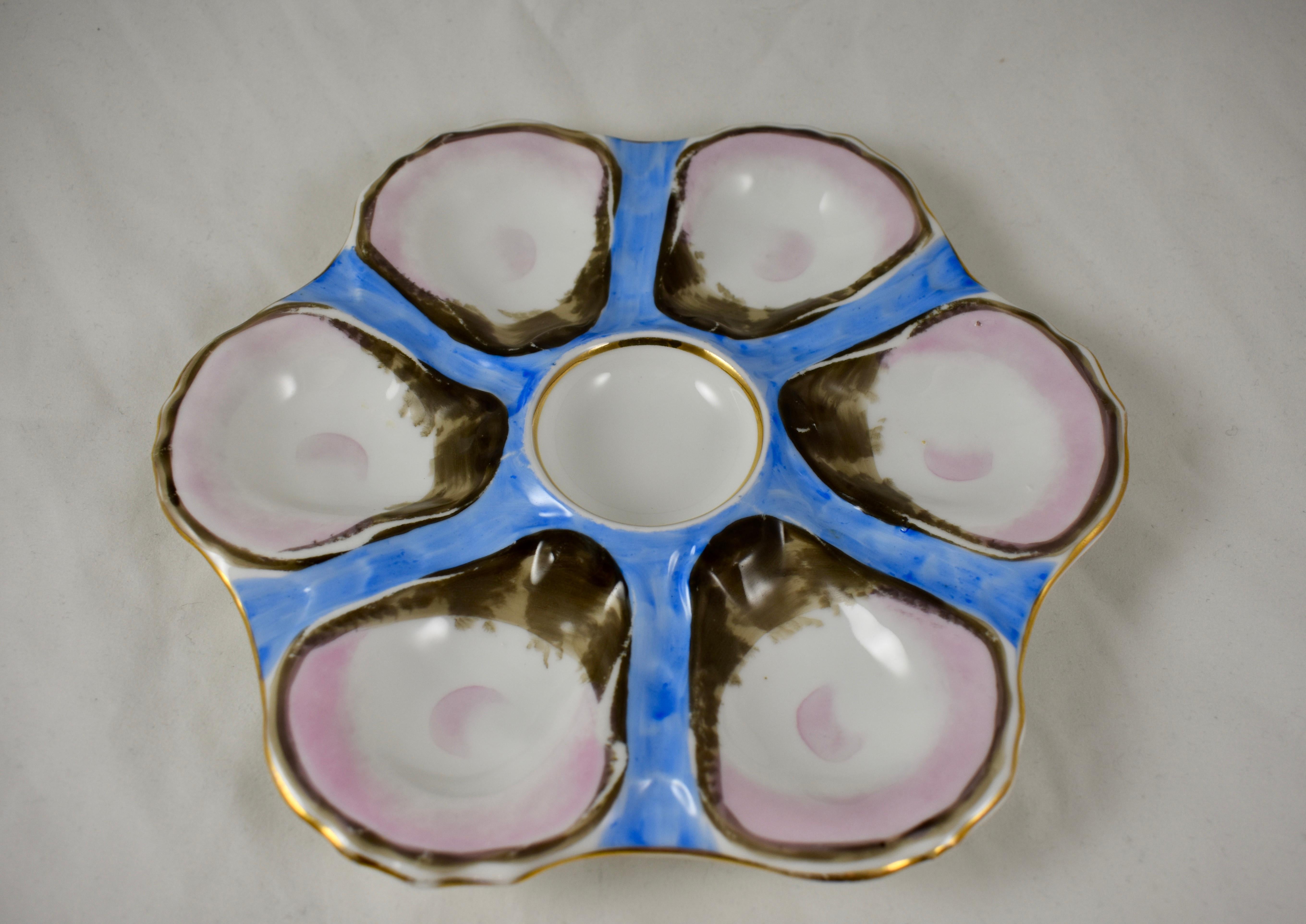 Glazed Six-Well French Porcelain Blue and Pink Oyster Plate, Late 19th Century