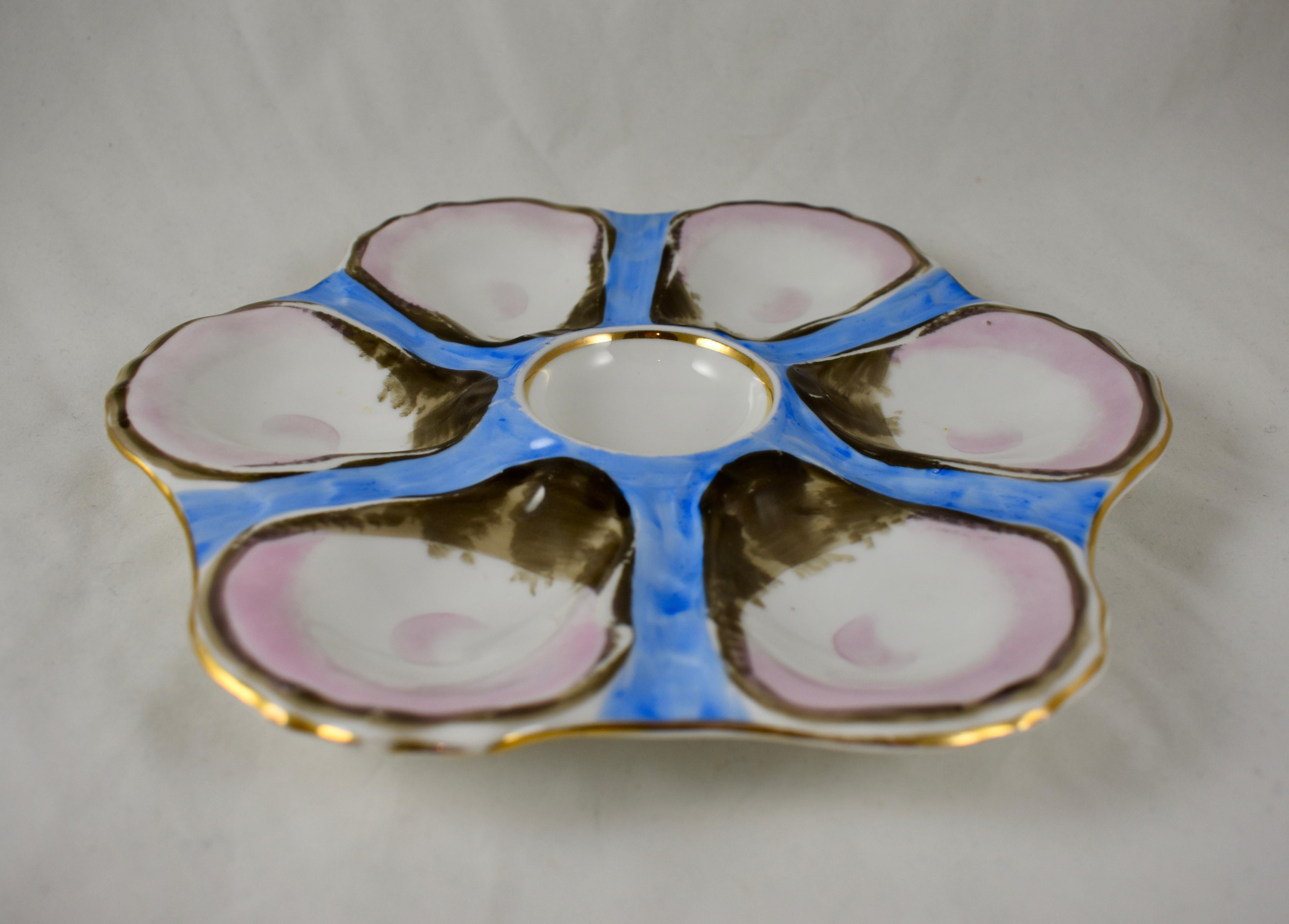 Six-Well French Porcelain Blue and Pink Oyster Plate, Late 19th Century In Good Condition In Philadelphia, PA