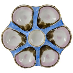 Antique Six-Well French Porcelain Blue and Pink Oyster Plate, Late 19th Century