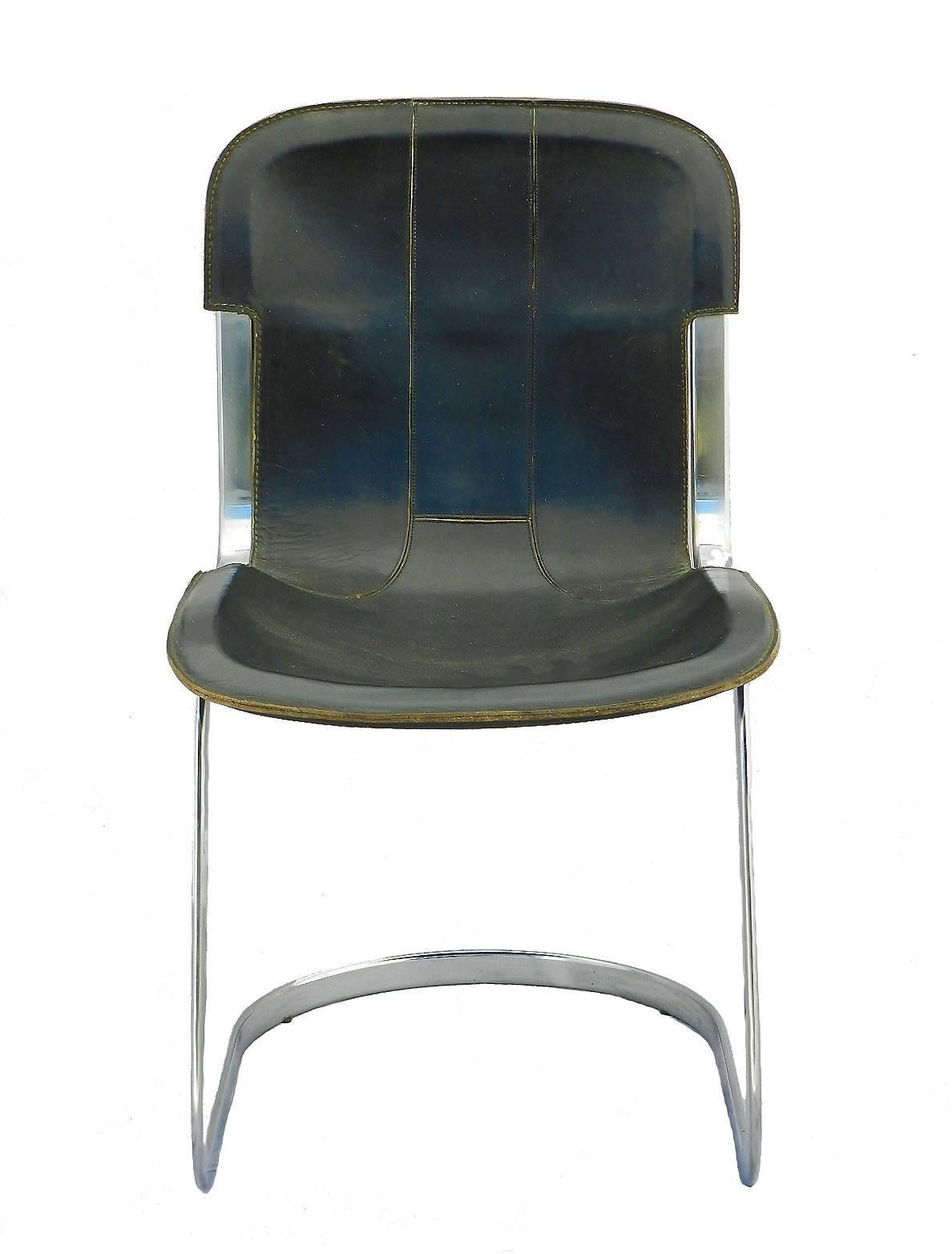 Mid-Century Modern Six Willy Rizzo Dining Chairs for Cidue Italy Black Leather, 1970s For Sale