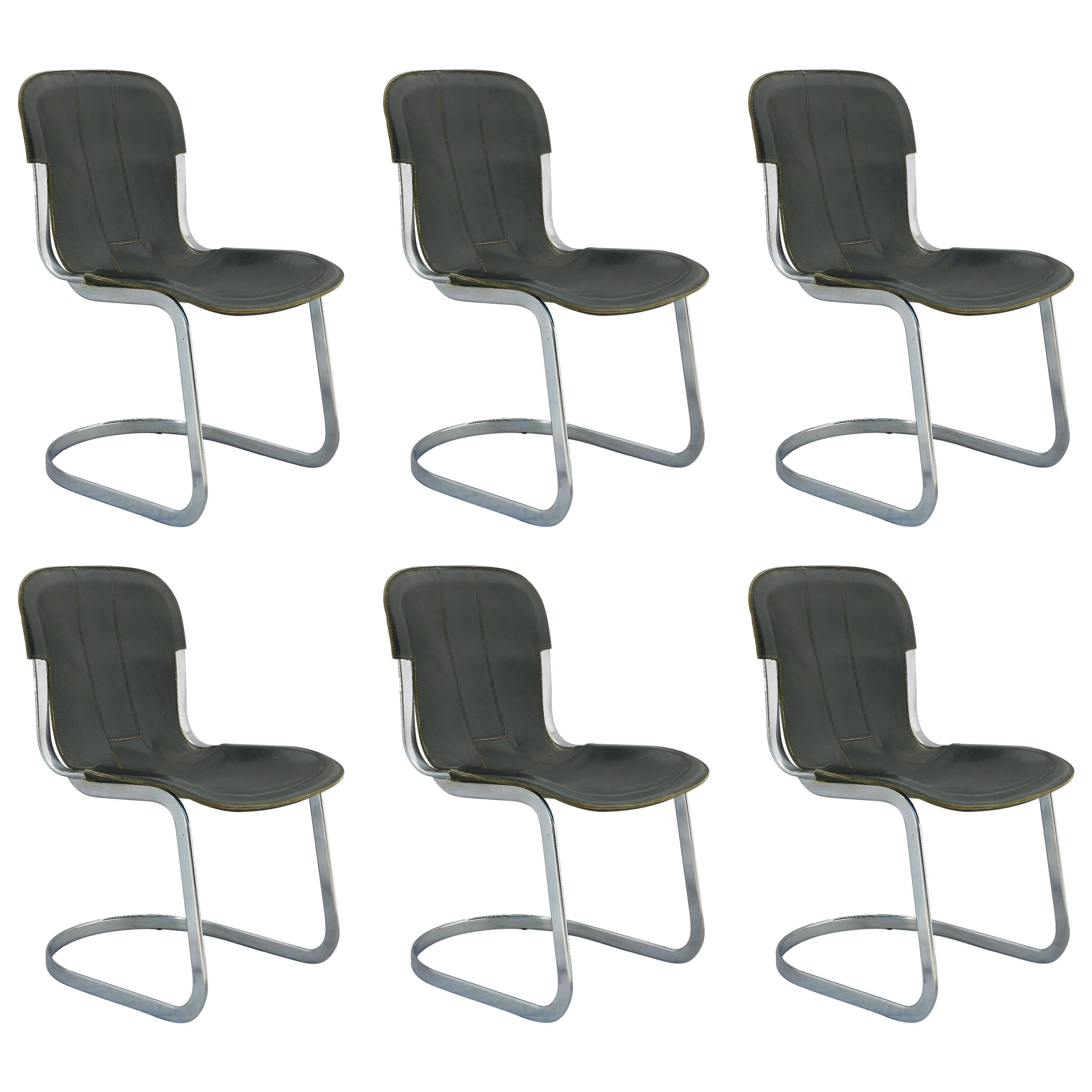 Six Willy Rizzo Dining Chairs for Cidue Italy Black Leather, 1970s For Sale