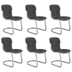 Six Willy Rizzo Dining Chairs for Cidue Italy Black Leather, 1970s