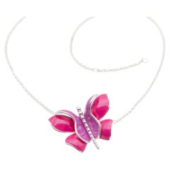 Six wings 925 silver necklace with fuxia and pink enamel little Butterfly Gioia
