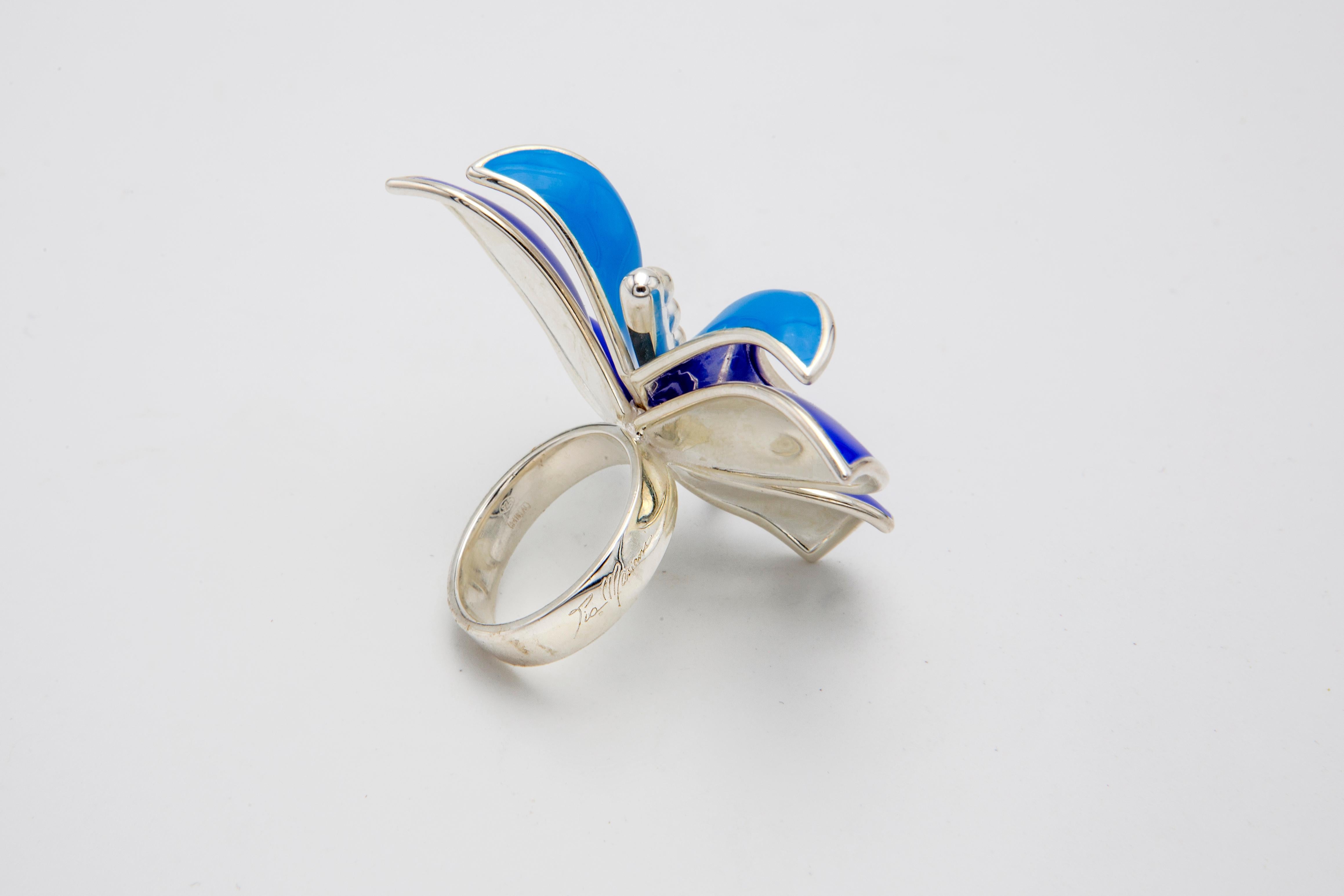 For Sale:  Six Wings 925 Silver Ring Big Butterfly Aurora with Blue and Light Blue Enamel 2