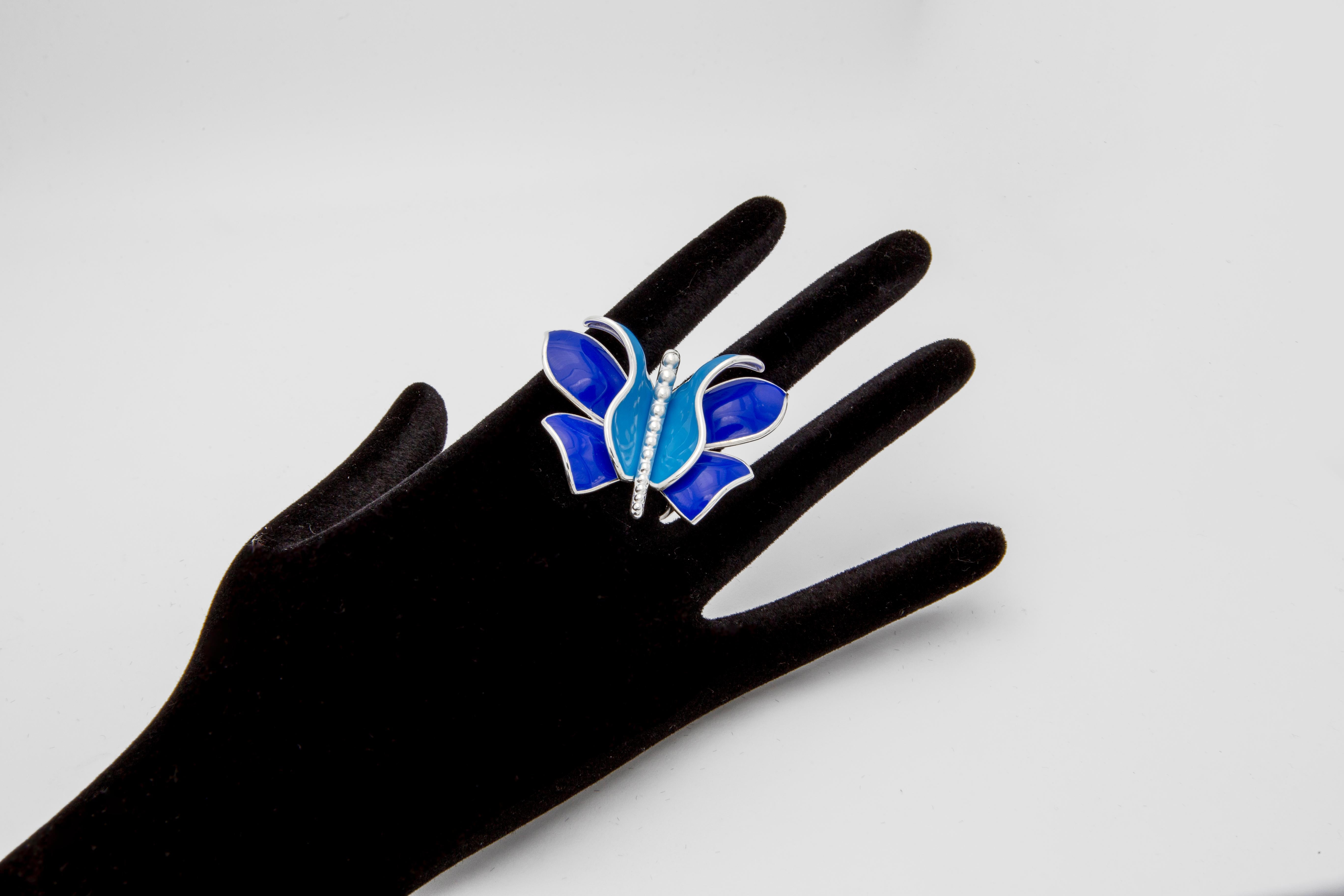 For Sale:  Six Wings 925 Silver Ring Big Butterfly Aurora with Blue and Light Blue Enamel 4