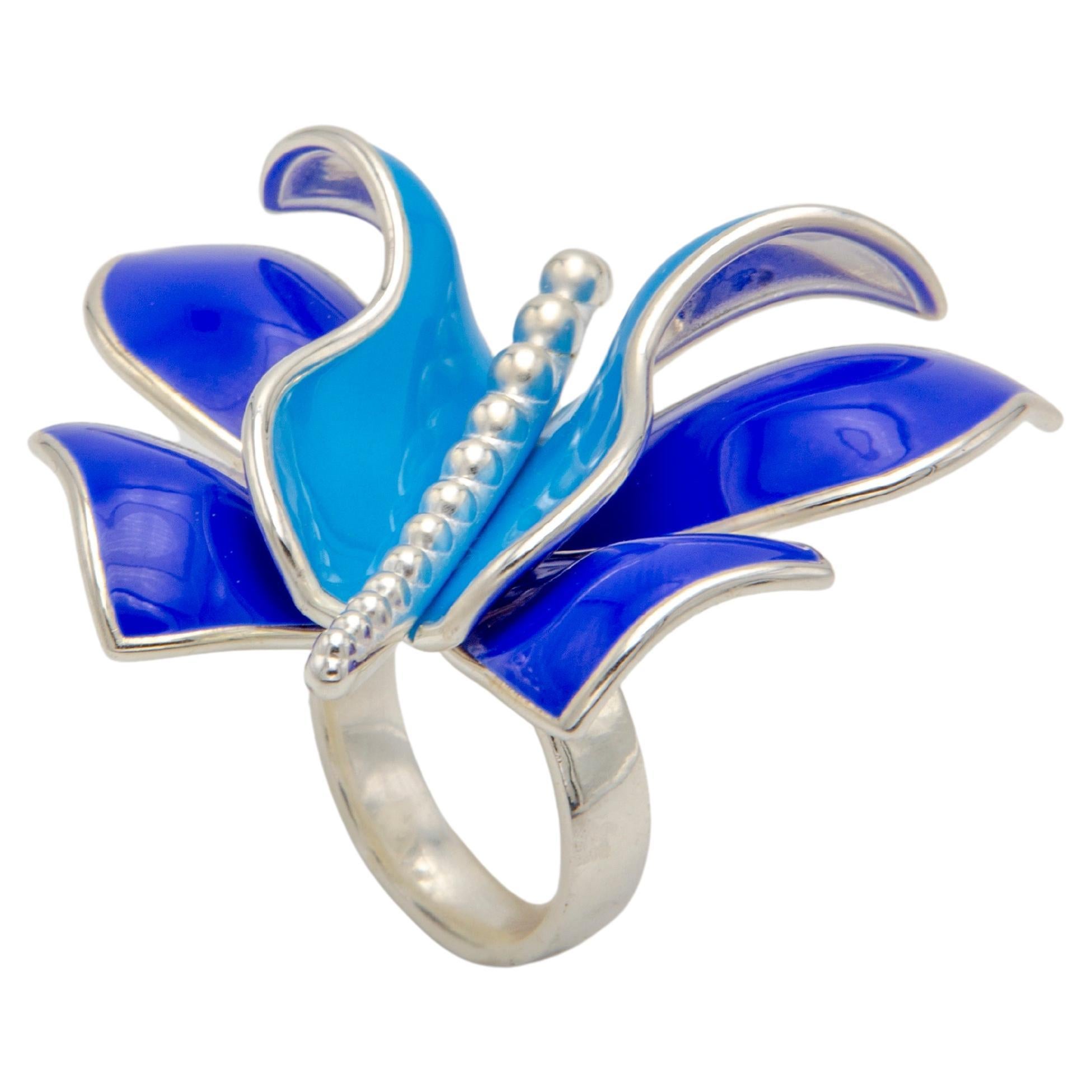 For Sale:  Six Wings 925 Silver Ring Big Butterfly Aurora with Blue and Light Blue Enamel