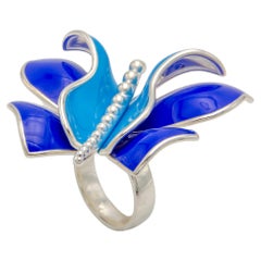Six Wings 925 Silver Ring Big Butterfly Aurora with Blue and Light Blue Enamel