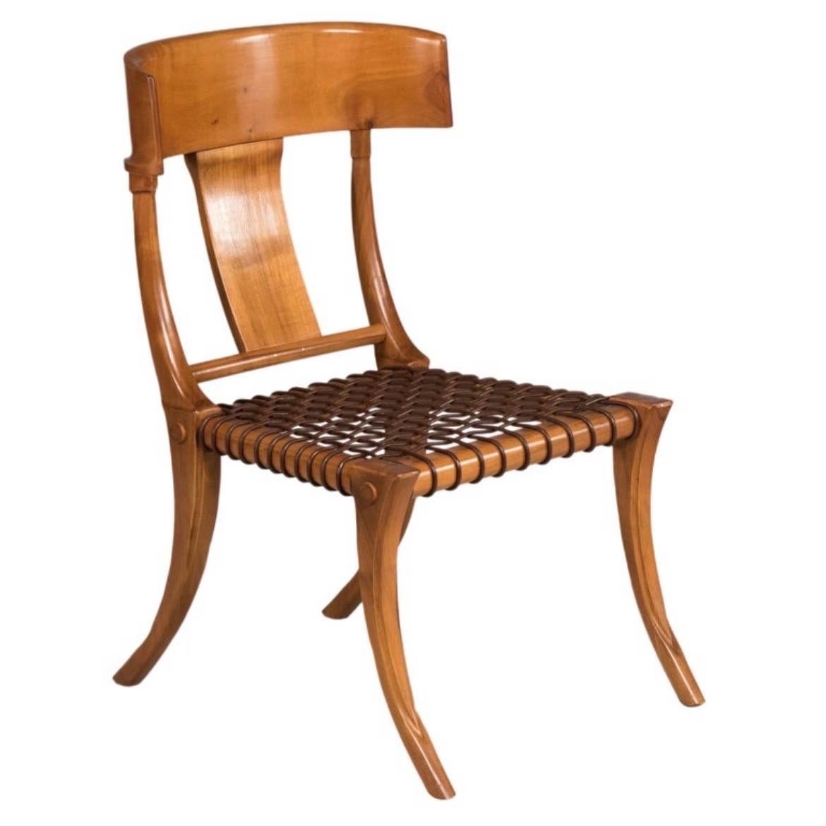 Six woven brown leather walnut wood chairs For Sale 1