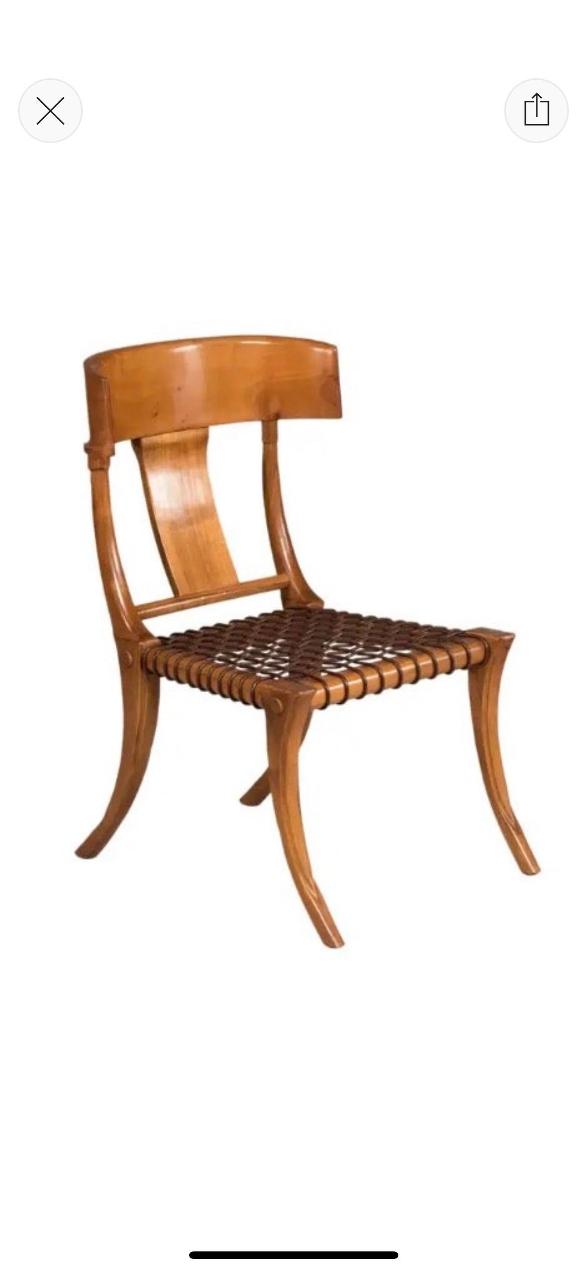Six woven brown leather walnut wood chairs For Sale