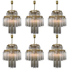 Six XL Large Midcentury Chandeliers in Brass and Structured Ice Glass, Austria