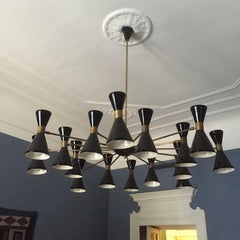 Sixteen Arms Brass Chandelier, Pivot Adjustable Shades, Stilnovo Style