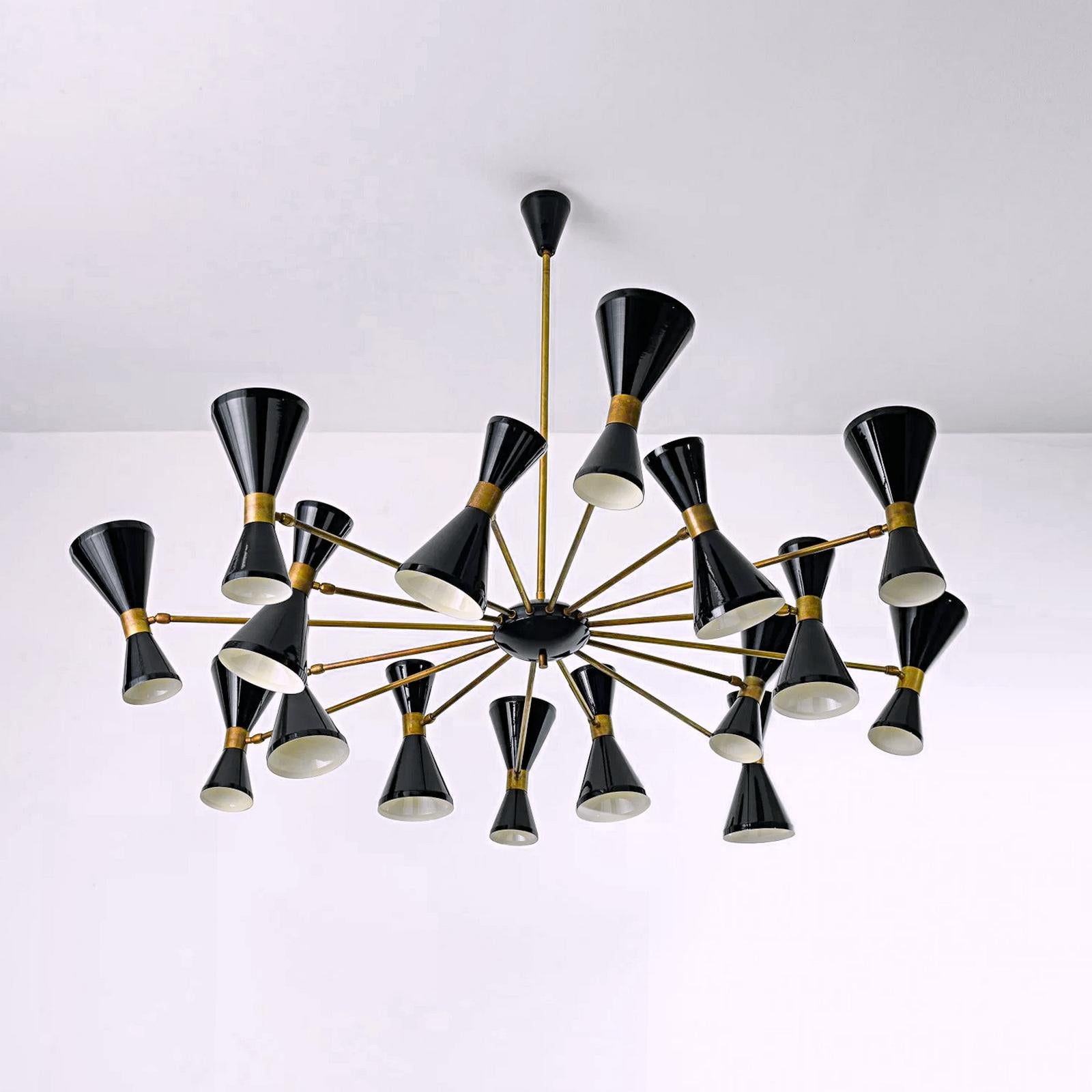 Mid-Century Modern Sixteen Arms Brass Chandelier, Pivot Adjustable Shades, Stilnovo Style For Sale