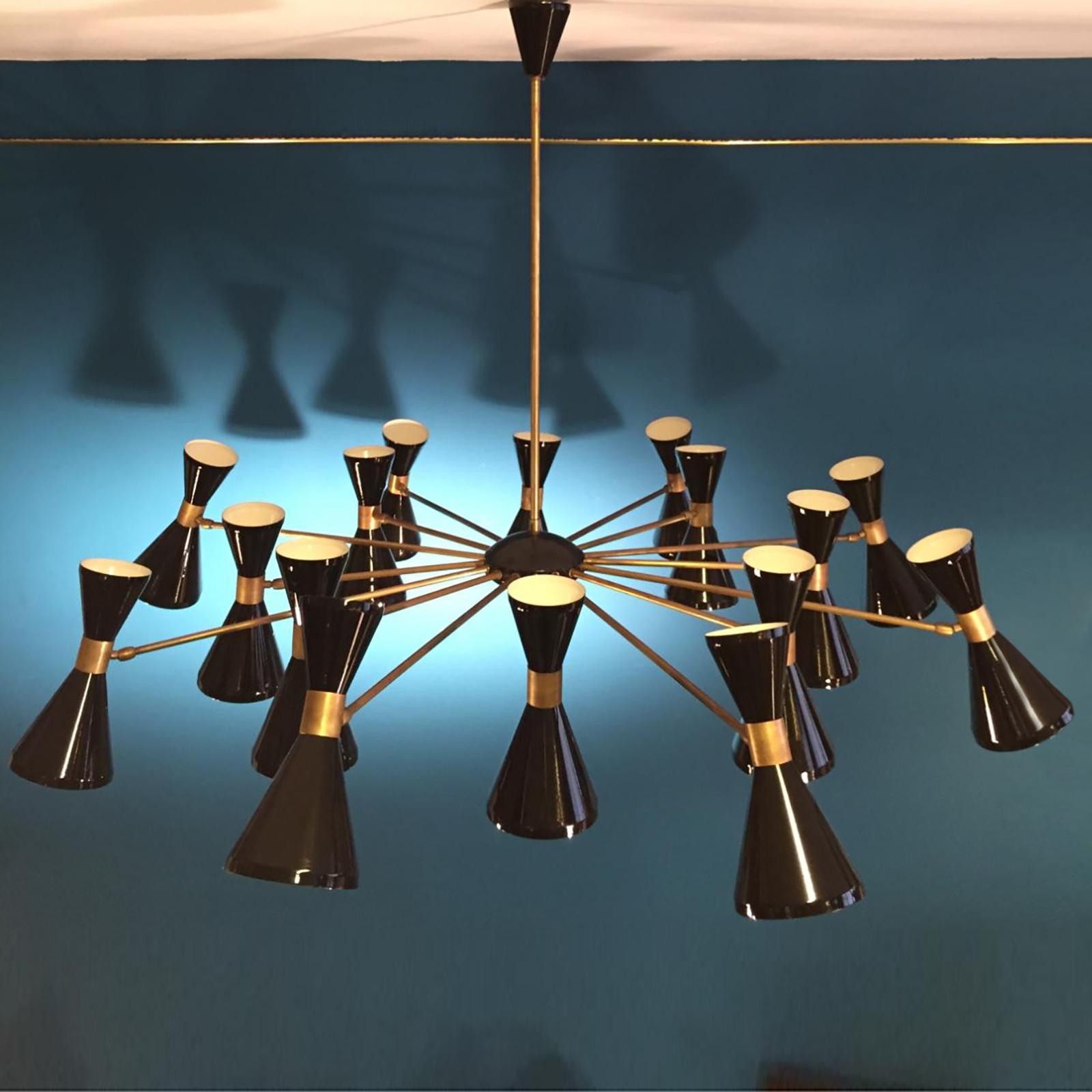 Aluminum Sixteen Arms Brass Chandelier, Pivot Adjustable Shades, Stilnovo Style For Sale