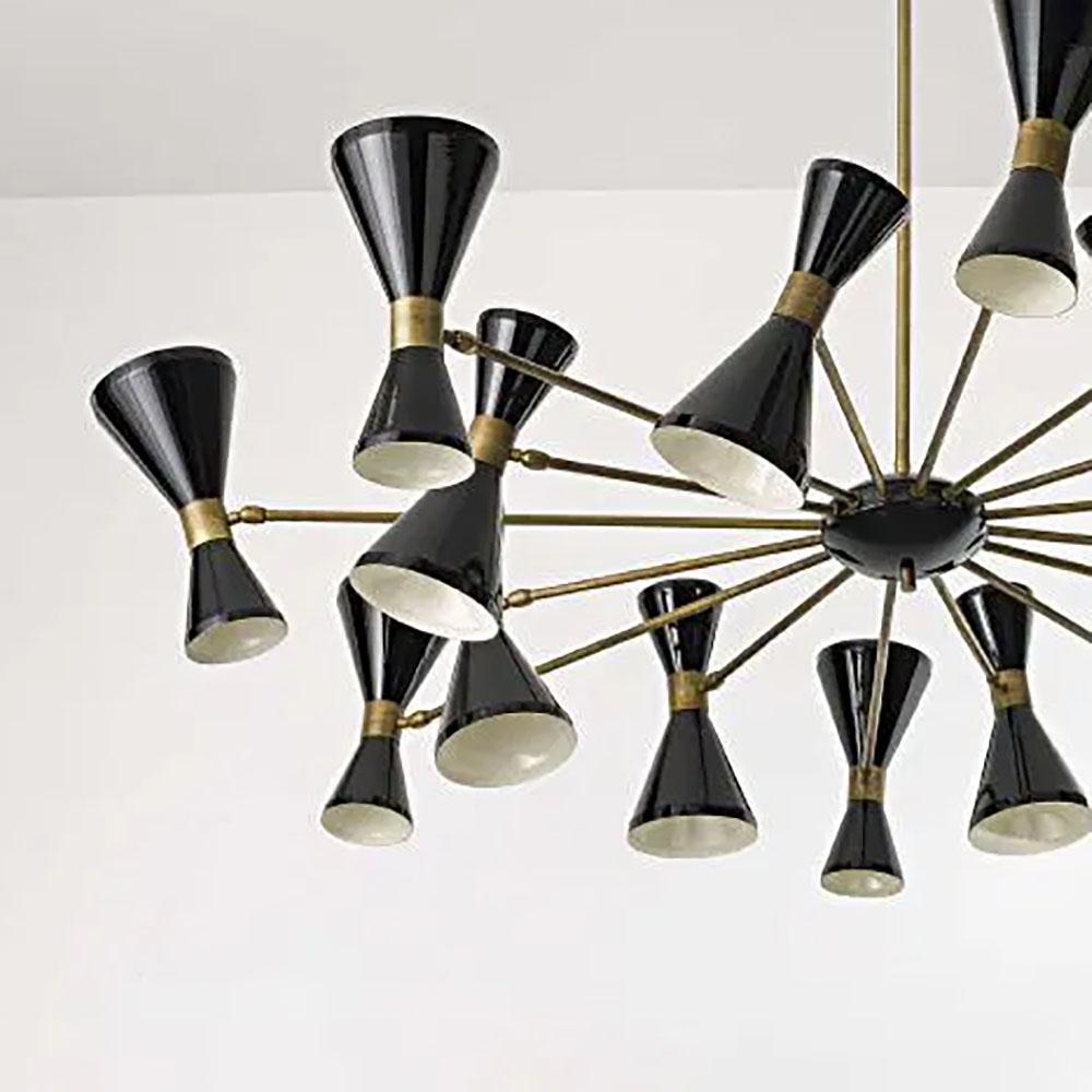 Italian Sixteen Arms Brass Chandelier, Pivot Adjustable Shades, Stilnovo Style For Sale