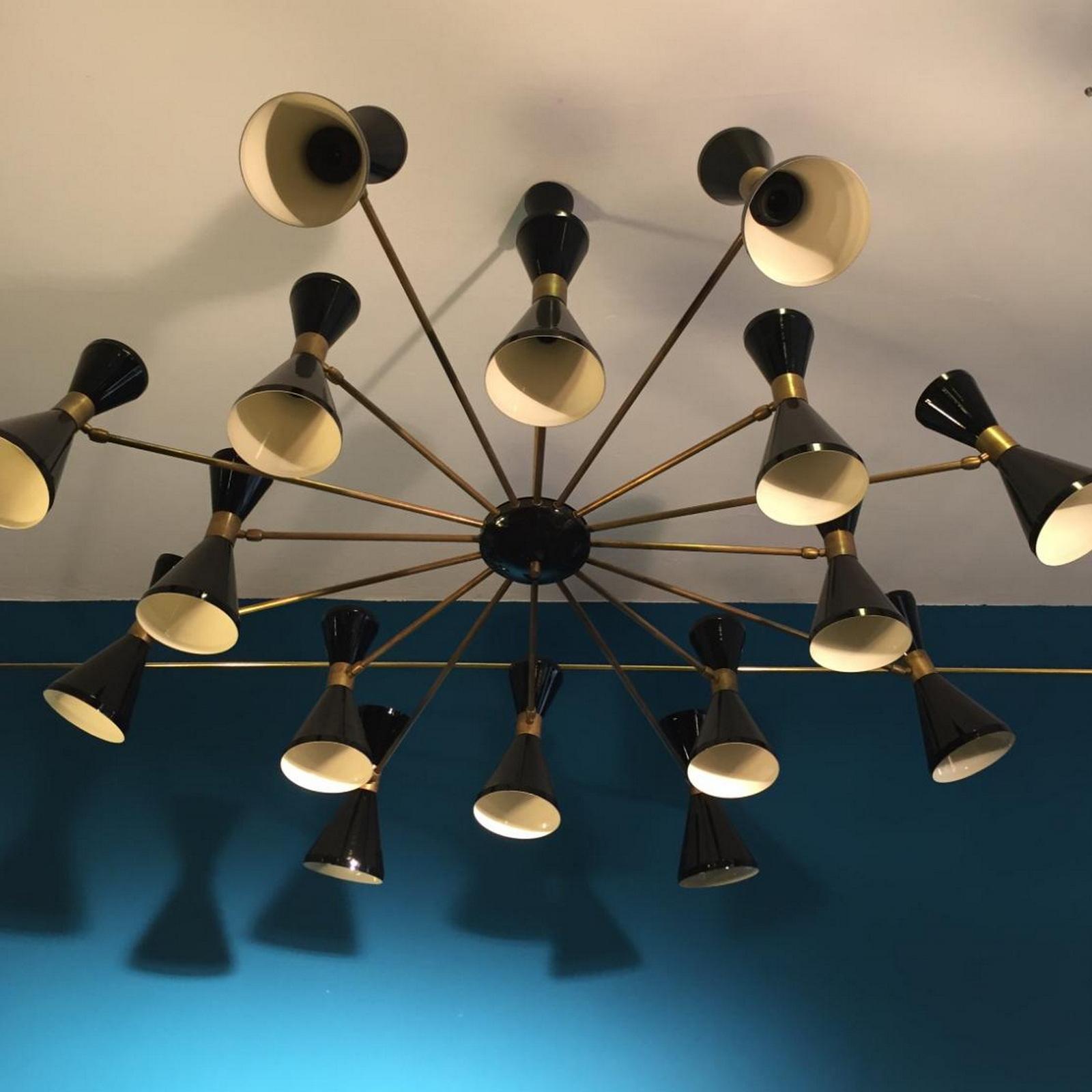 Sixteen Arms Brass Chandelier, Pivot Adjustable Shades, Stilnovo Style For Sale 1
