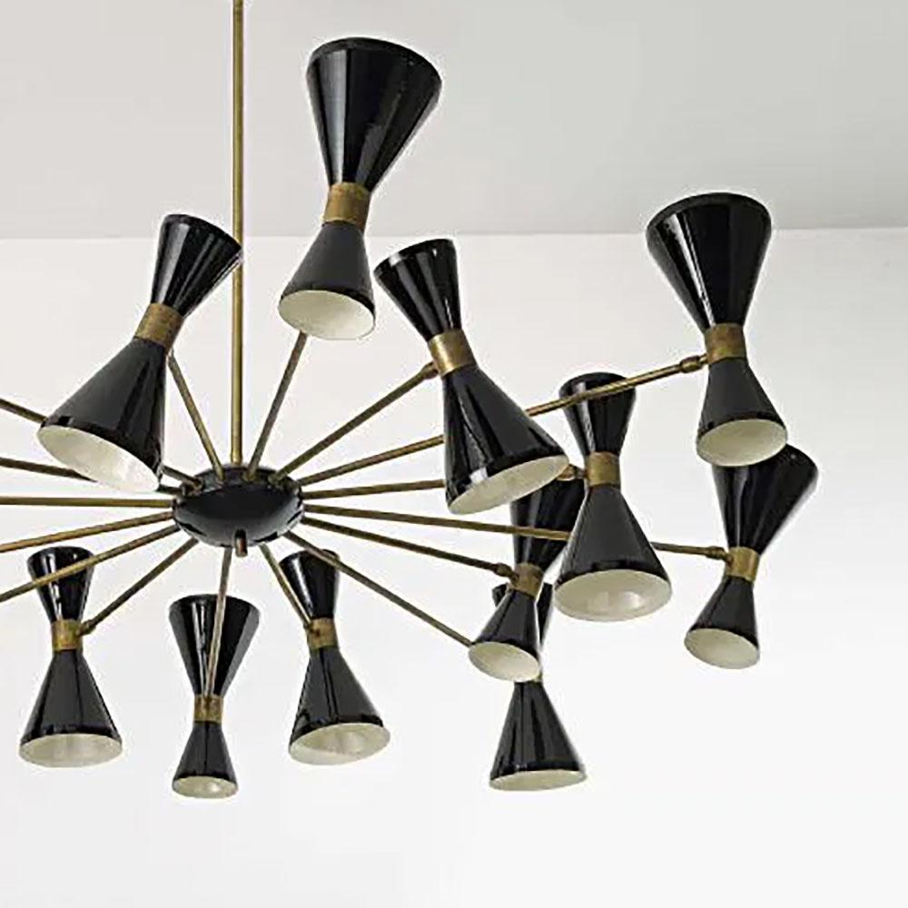 Sixteen Arms Brass Chandelier, Pivot Adjustable Shades, Stilnovo Style In New Condition For Sale In Bochum, NRW