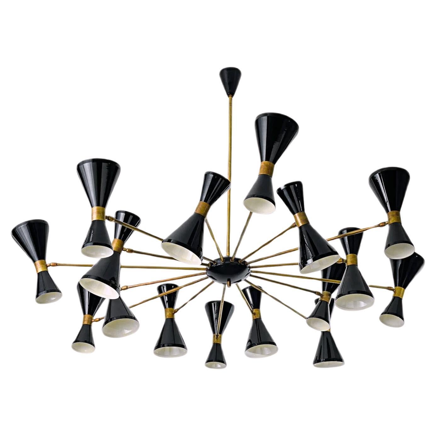 Sixteen Arms Brass Chandelier, Pivot Adjustable Shades, Stilnovo Style