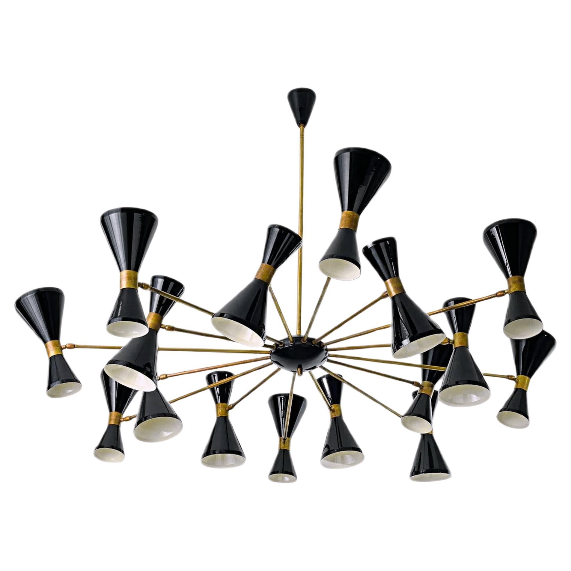 Lustre à seize bras en laiton, abat-jour pivotants réglables, style Stilnovo