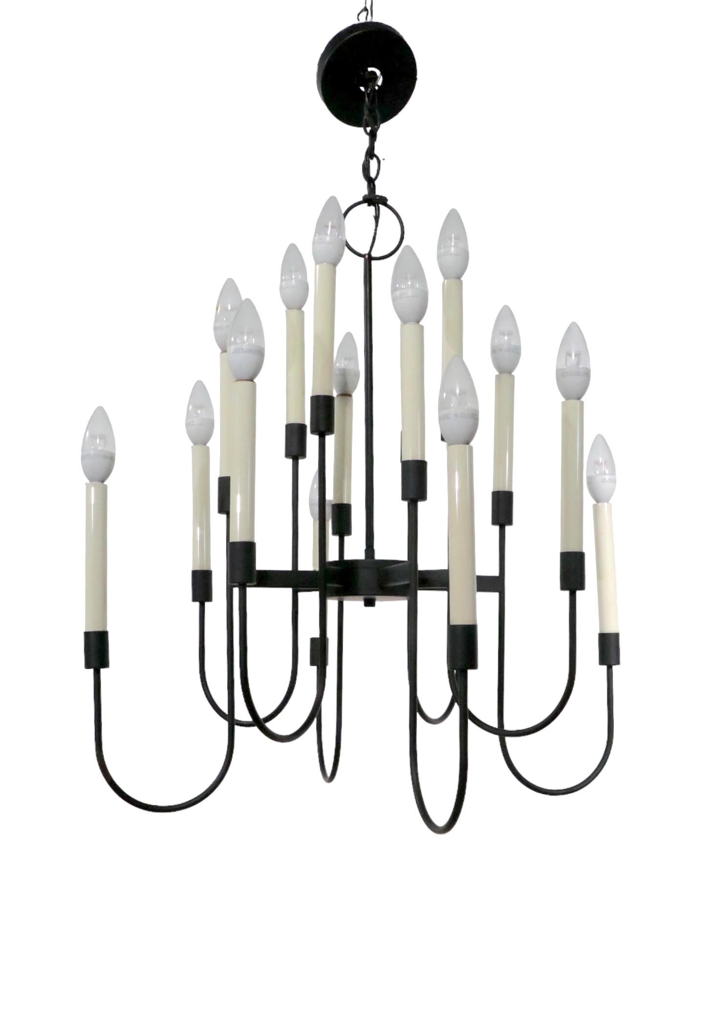 Sixteen Light Candle Style Chandelier in Black Finished Metal by Lightolier  In Good Condition For Sale In New York, NY