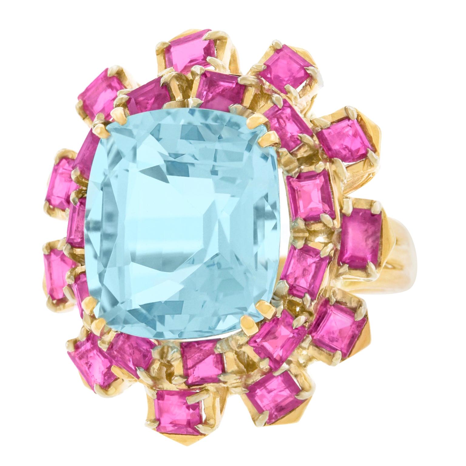 1960s Aquamarine and Pink Sapphire Gold Ring