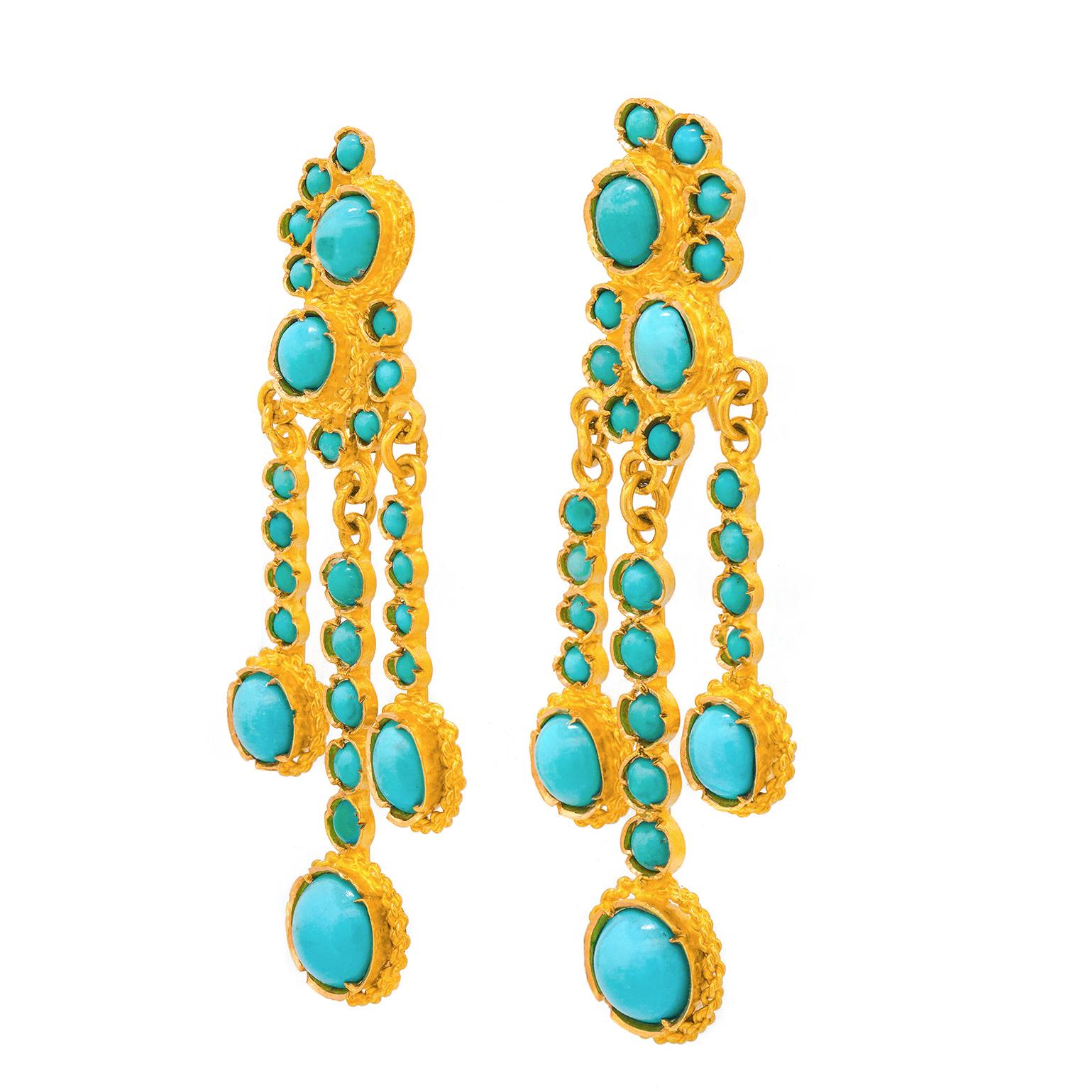 Cabochon Sixties Bohemian Turquoise and Gold Chandelier Earrings For Sale