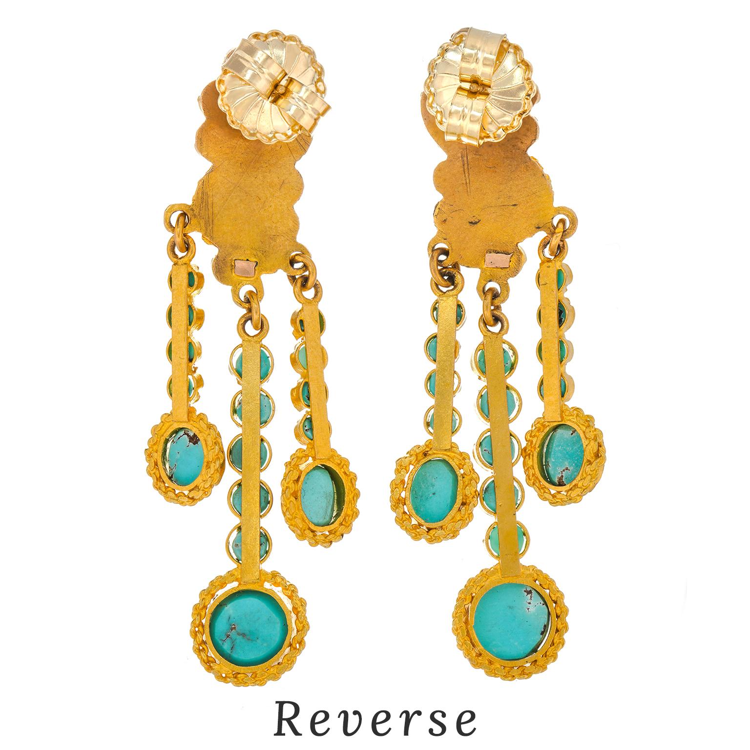 Sixties Bohemian Turquoise and Gold Chandelier Earrings For Sale 2