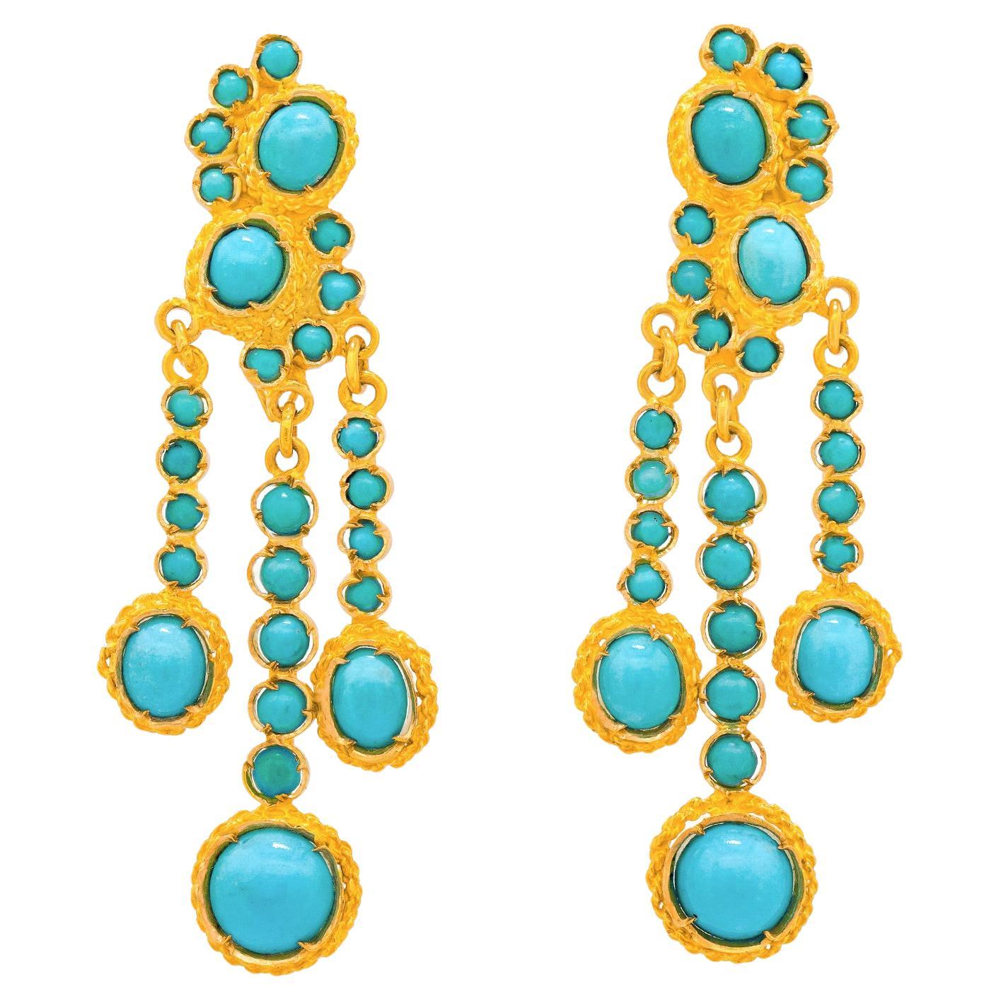 Sixties Bohemian Turquoise and Gold Chandelier Earrings For Sale