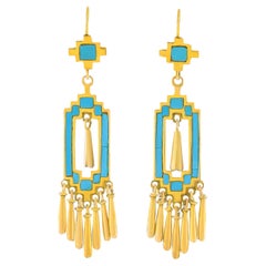 Retro Sixties Fab Gold and Turquoise Dangle Earrings
