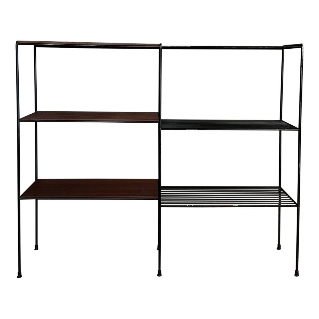 Sixties Italian Étagère,  black painted iron structure and wooden shelves For Sale
