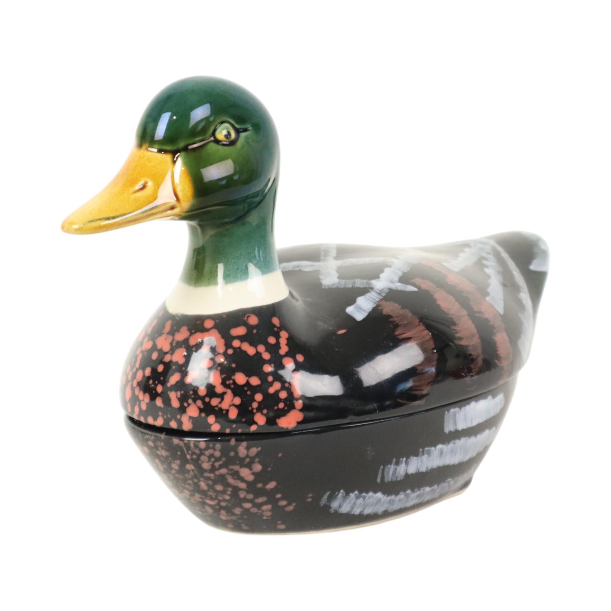 Molde de paté de terrina de pato Michel Caugant de los años 60 Loza esmaltada mediados del siglo XX en venta