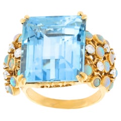 Sixties Opal, Diamond and Aquamarine Ring