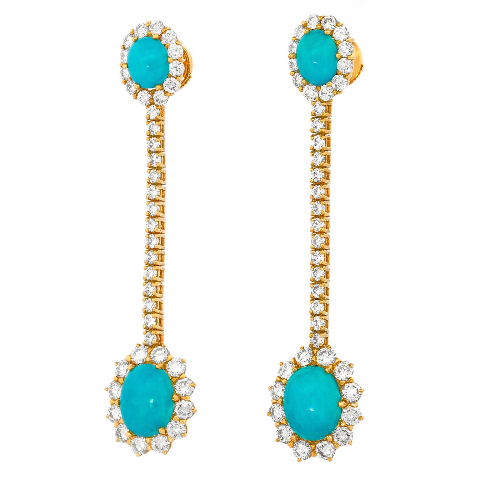 Women's or Men's Sixties Persian Turquoise and Diamond Chandelier Earrings For Sale
