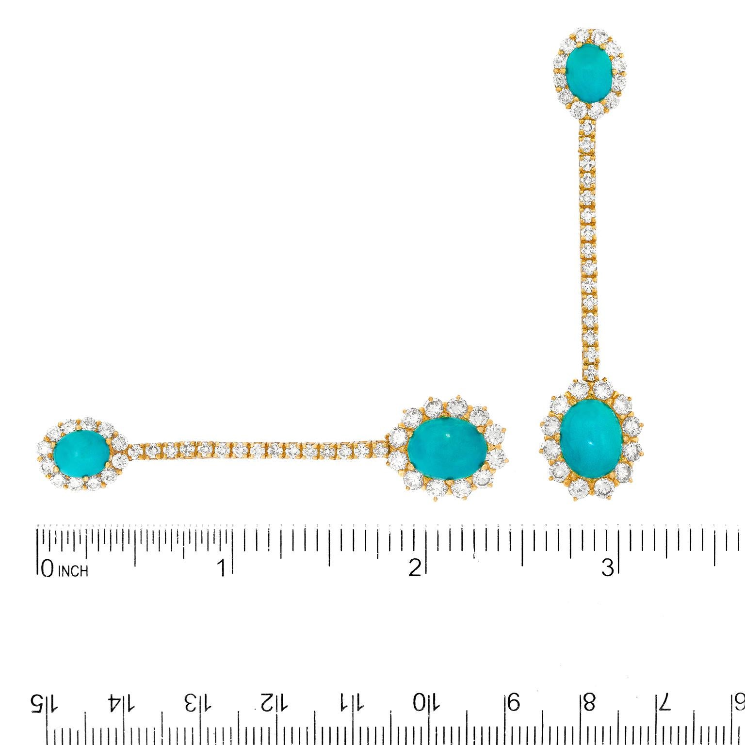 Sixties Persian Turquoise and Diamond Chandelier Earrings For Sale 1