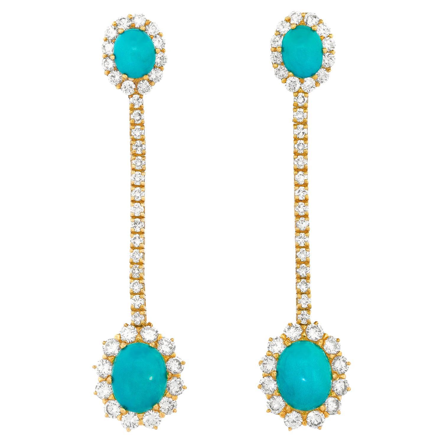 Boucles d'oreilles chandelier en turquoise persane et diamants des années 60