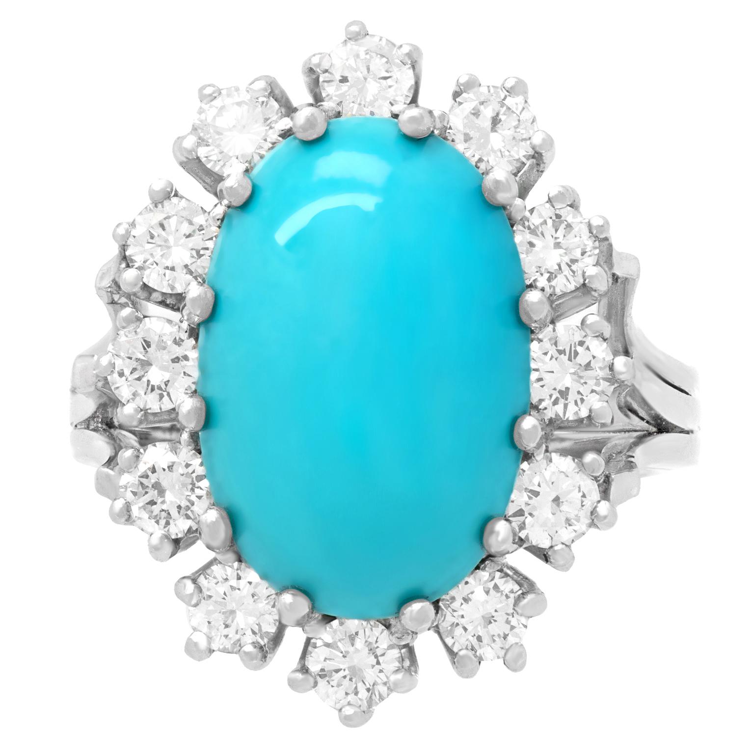 Oval Cut Sixties Persian Turquoise and Diamond Ring For Sale
