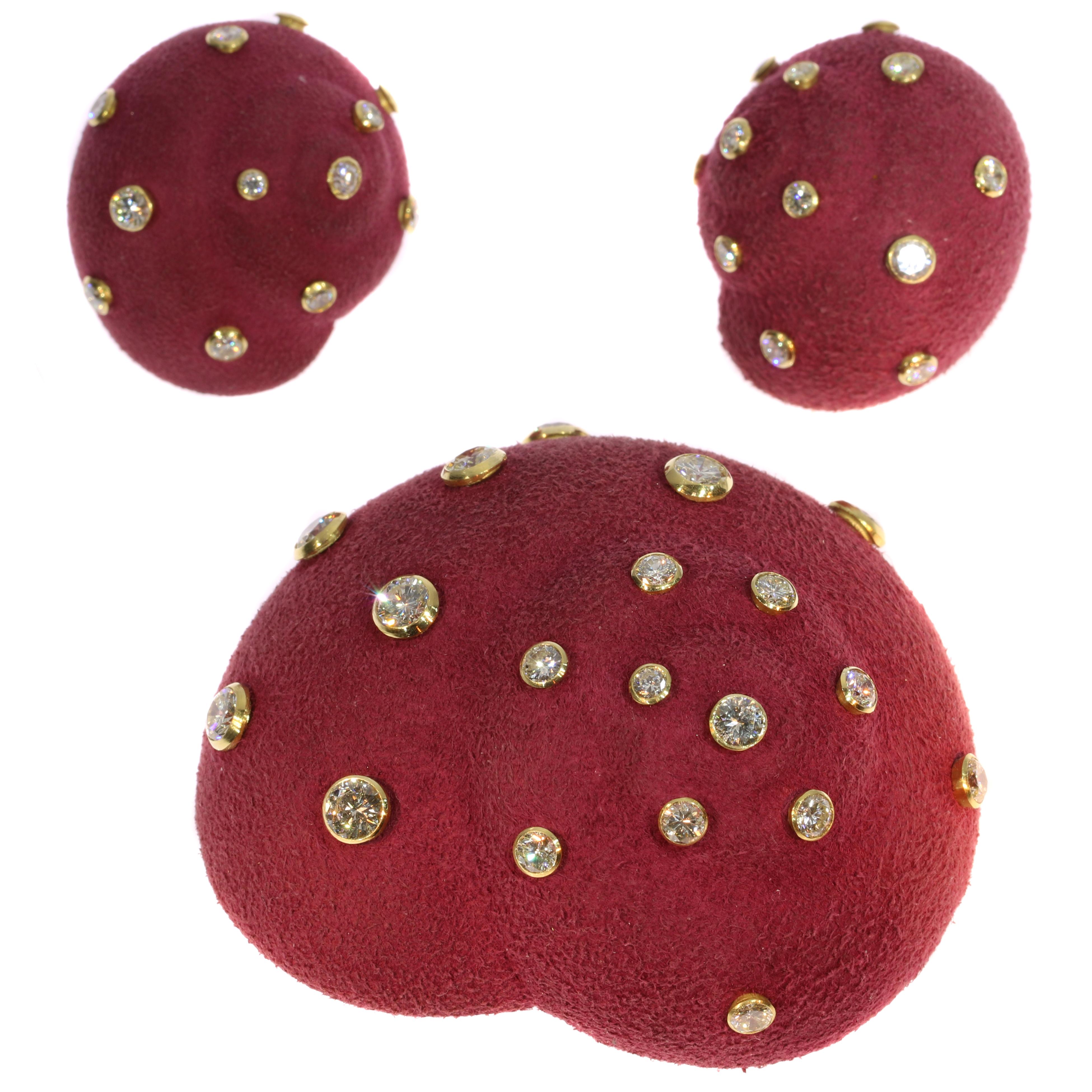Sixties Signed Christian Dior Suede Covered Brooch Earrings 6.74 Carat Diamonds For Sale