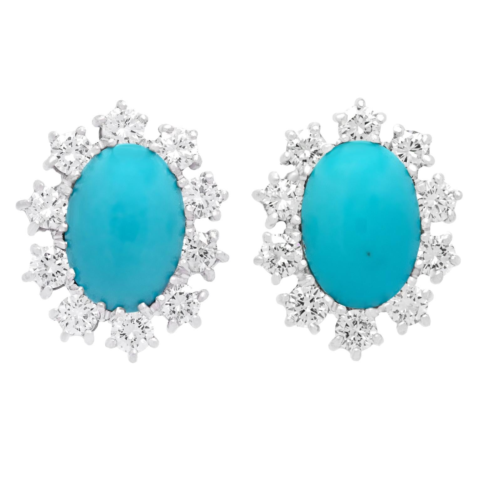 Oval Cut Sixties Turquoise and Diamond Earrings For Sale