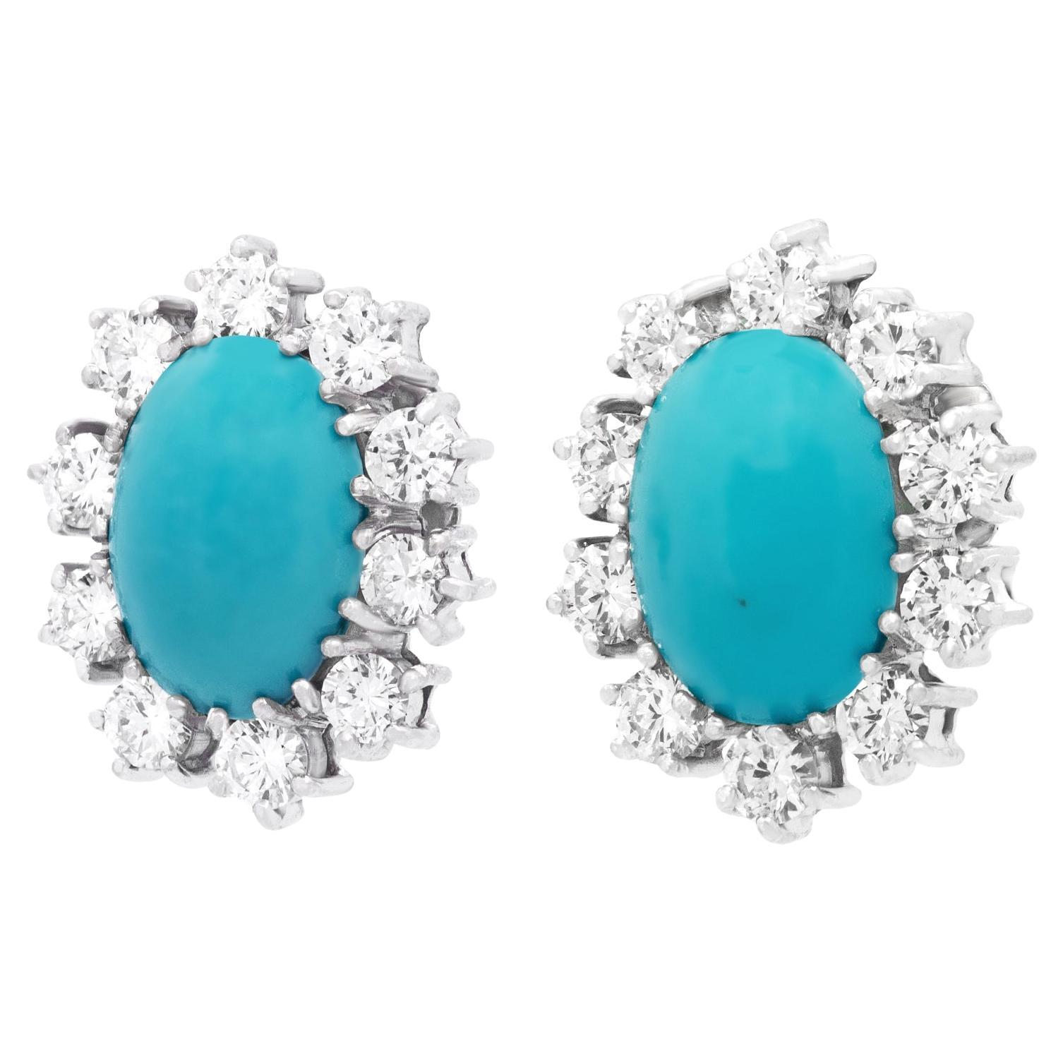 Boucles d'oreilles années 60 en turquoise et diamants