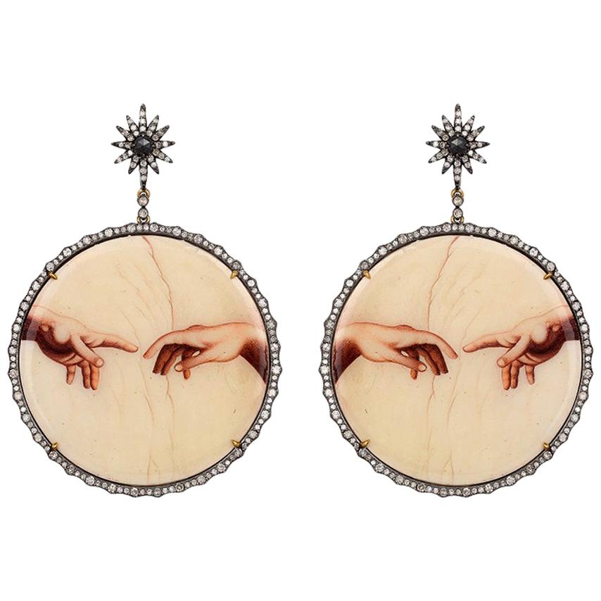 Sixtine Chapel  Dangle Earrings in 18 Karat Gold, Bakelite, Silver and Diamonds For Sale