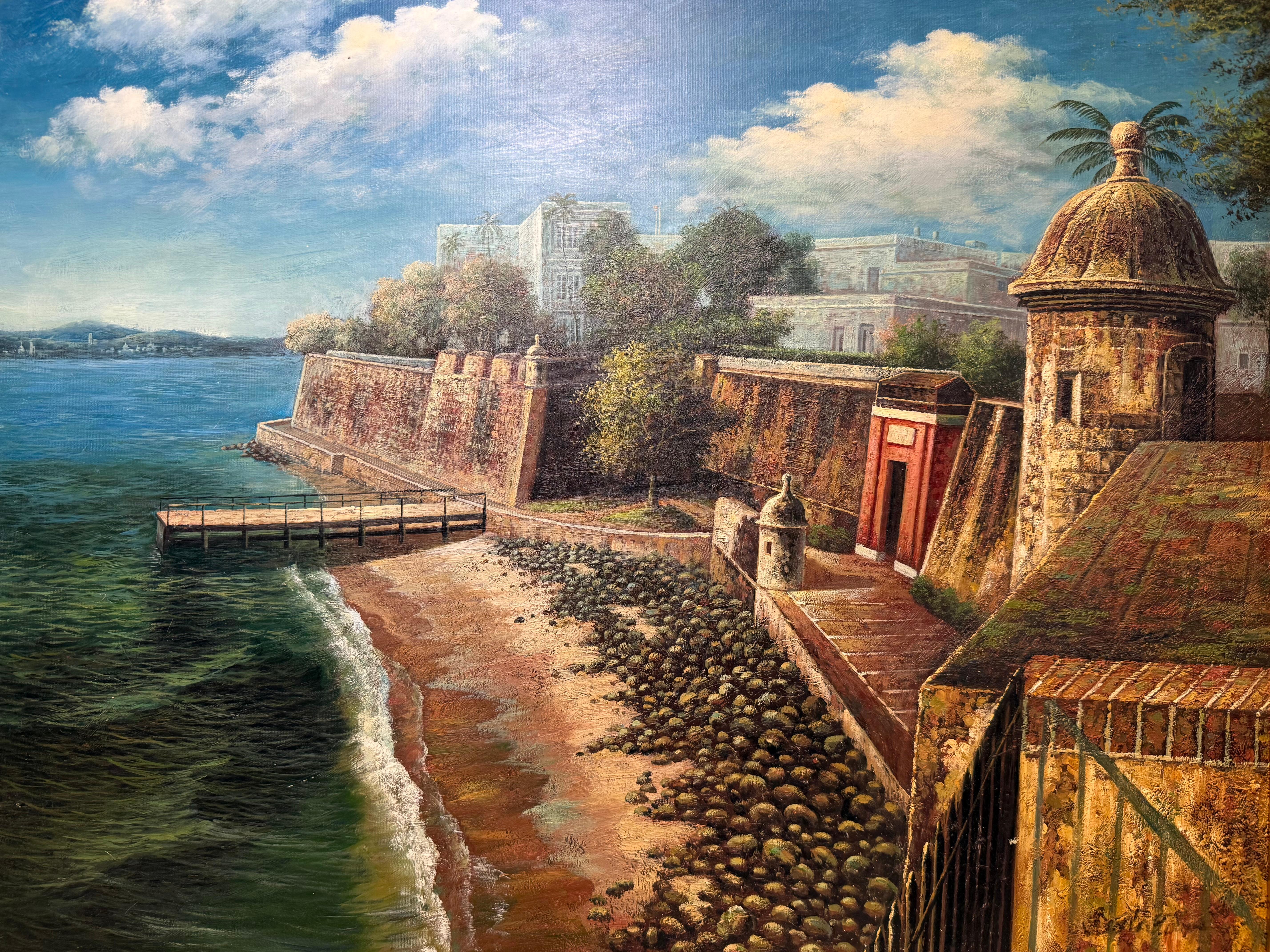 Pintura al óleo de Sixto Febus del Viejo San Juan Fortaleza histórica de San Felipe del Morro Estadounidense en venta